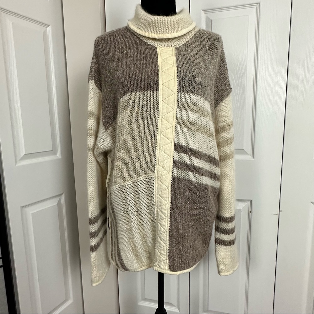 Iceberg Brown Cream Knit Zip Sweater Wool Mohair Alpaca Blend Faux Leather 44/L